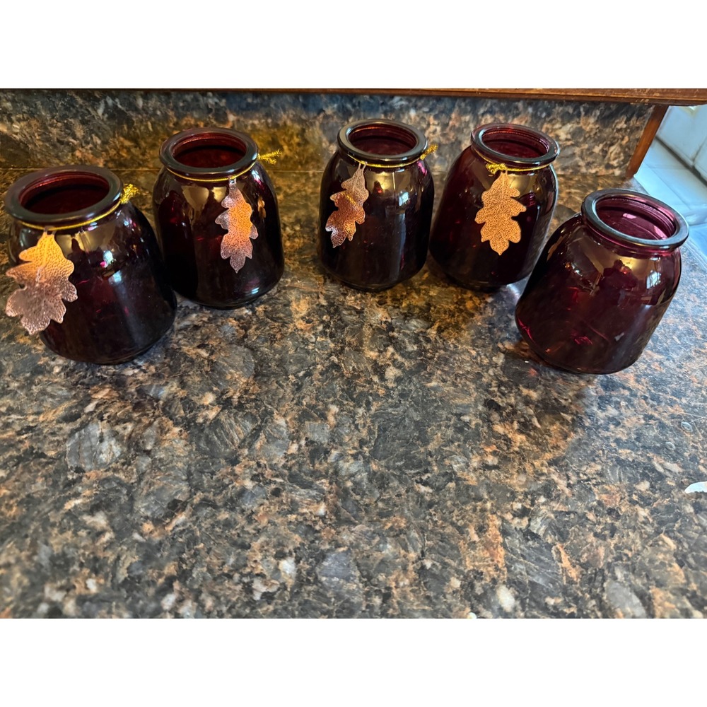 Set of 5 Plum Purple Glass Votive Candle Holders with Copper Oak Leaf Charms